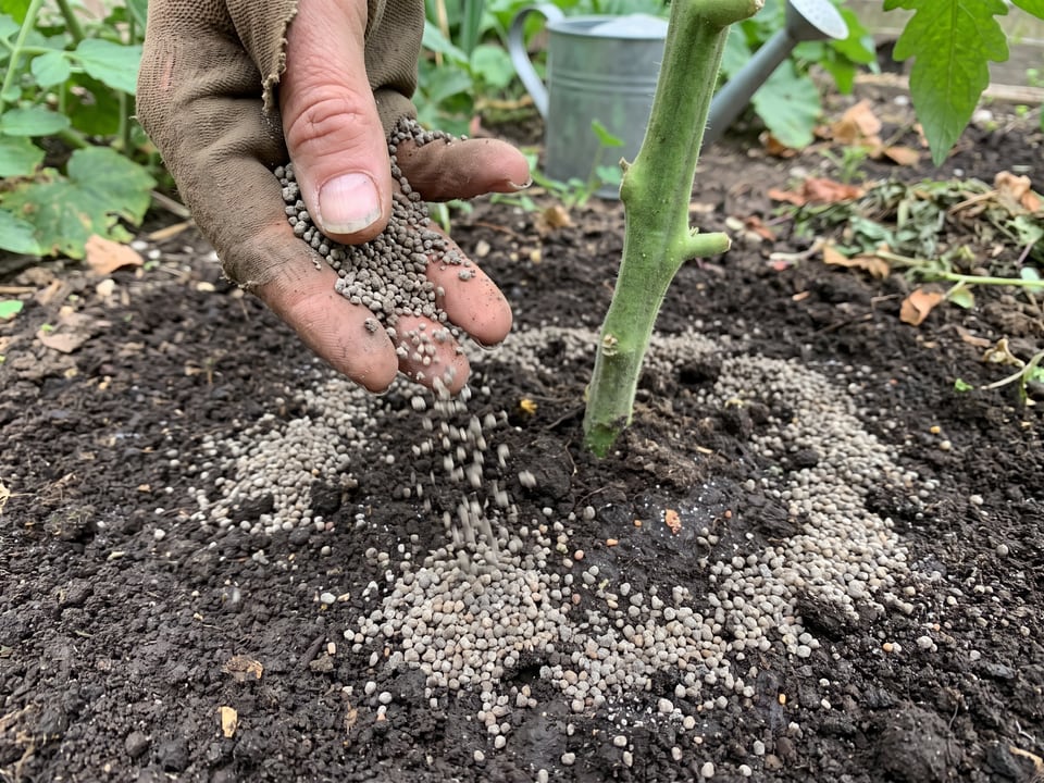 Granular fertilizer being scattered in a ring around the base of a tomato plant