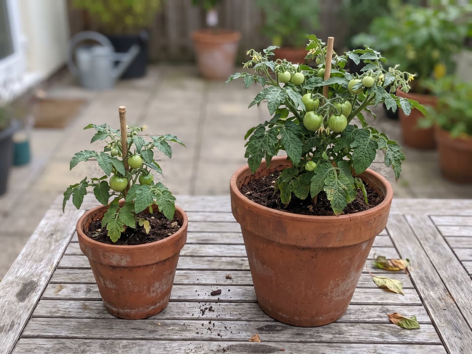 Two tomato pots of very different sizes side by side