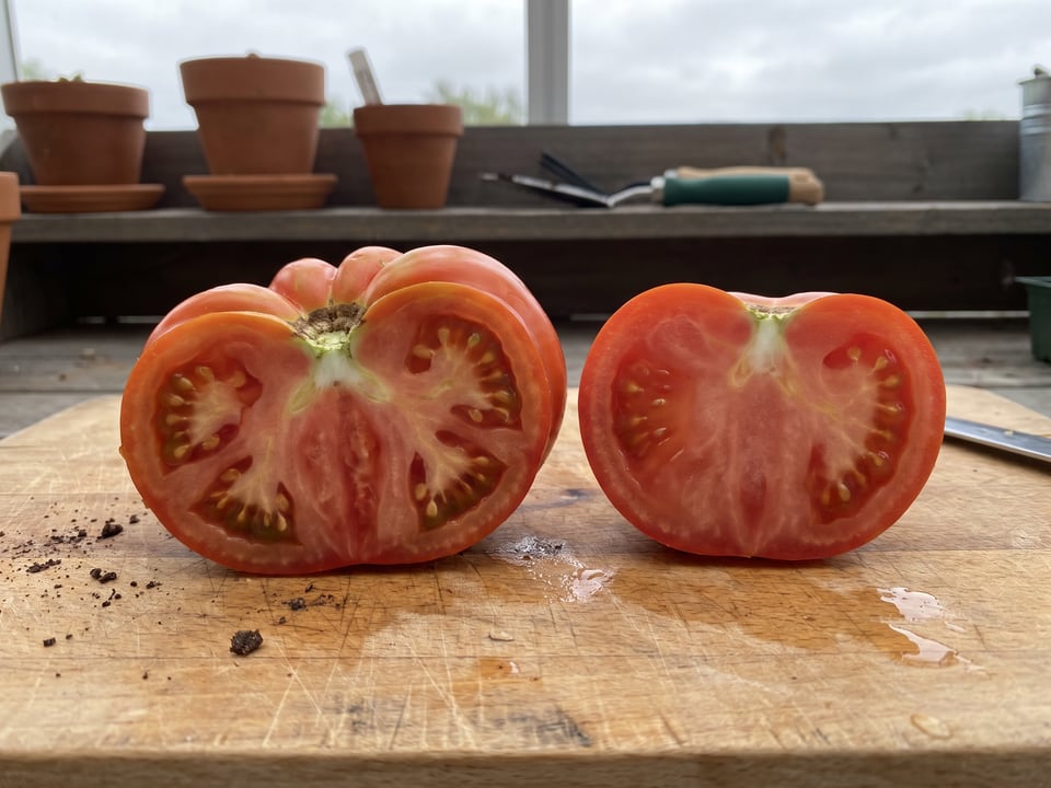 A ribbed heirloom tomato and a smooth round hybrid tomato, both cut in half, side by side