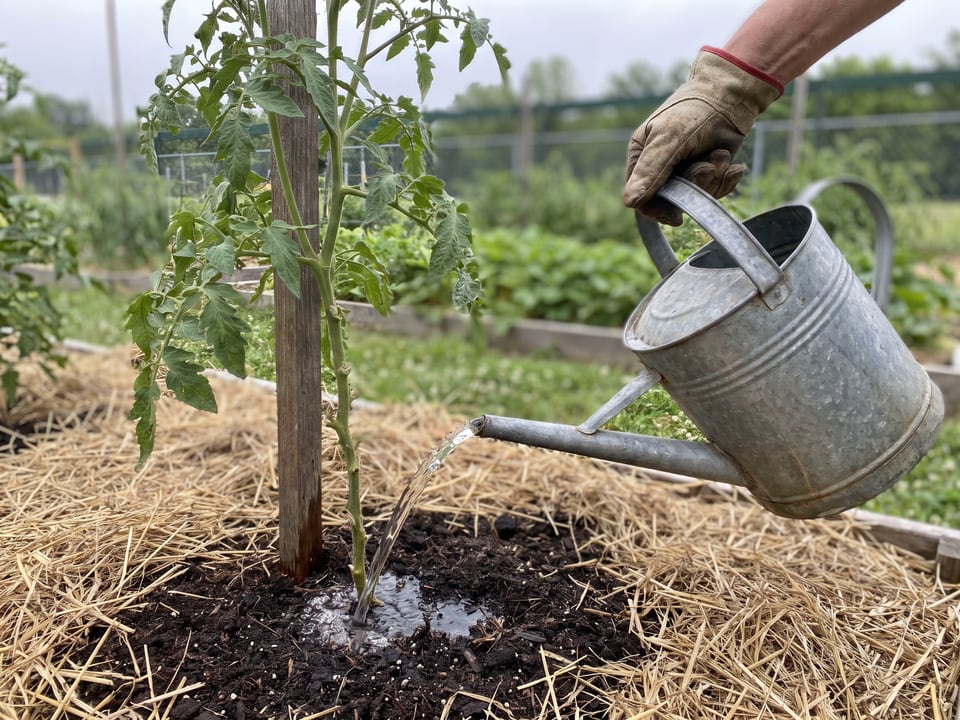 Water going into the soil at the base of a staked tomato plant, leaves dry