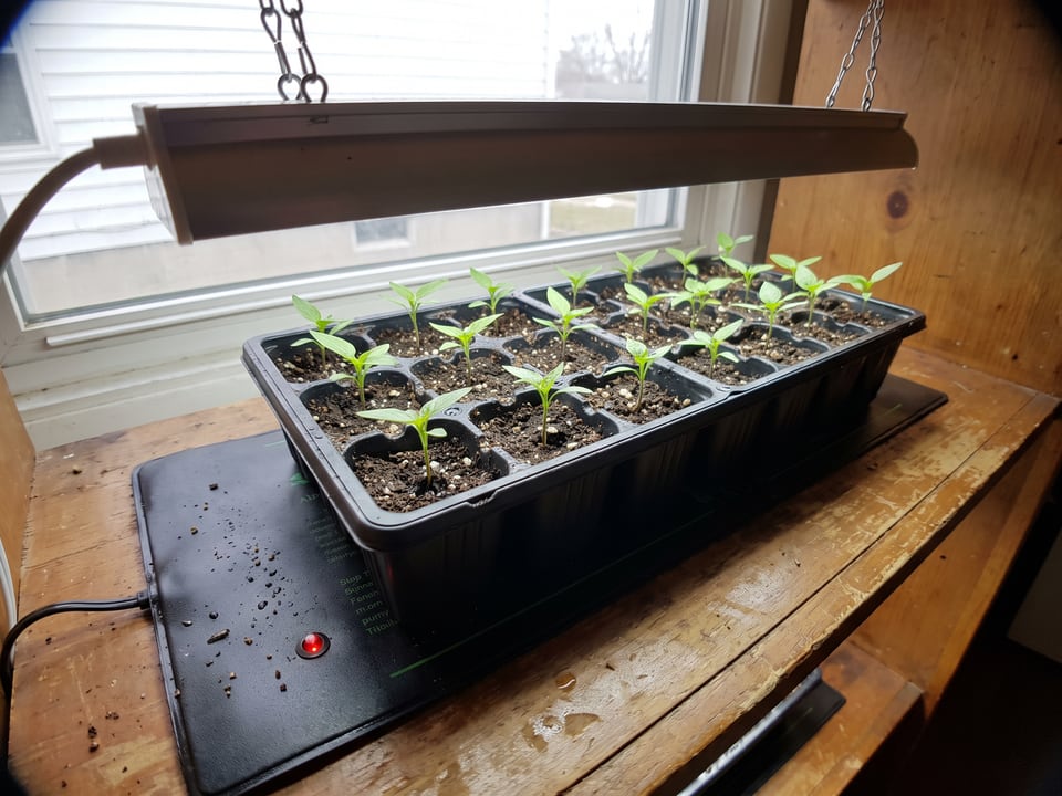 Pepper seedlings in a cell tray on a heat mat under a grow light