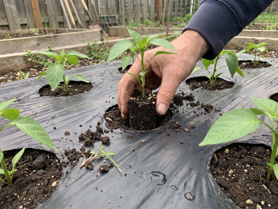A pepper transplant being set into a hole cut in black plastic mulch