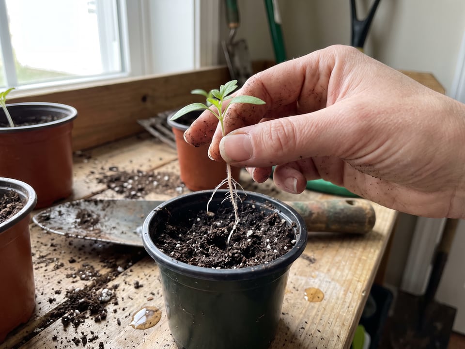 A seedling being lifted by its seed leaf and lowered into a larger pot
