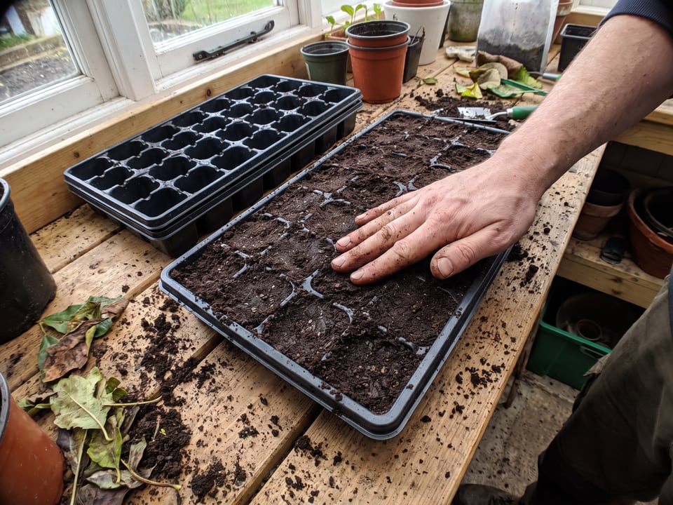 Seed compost being firmed into a cell tray before sowing tomato seed