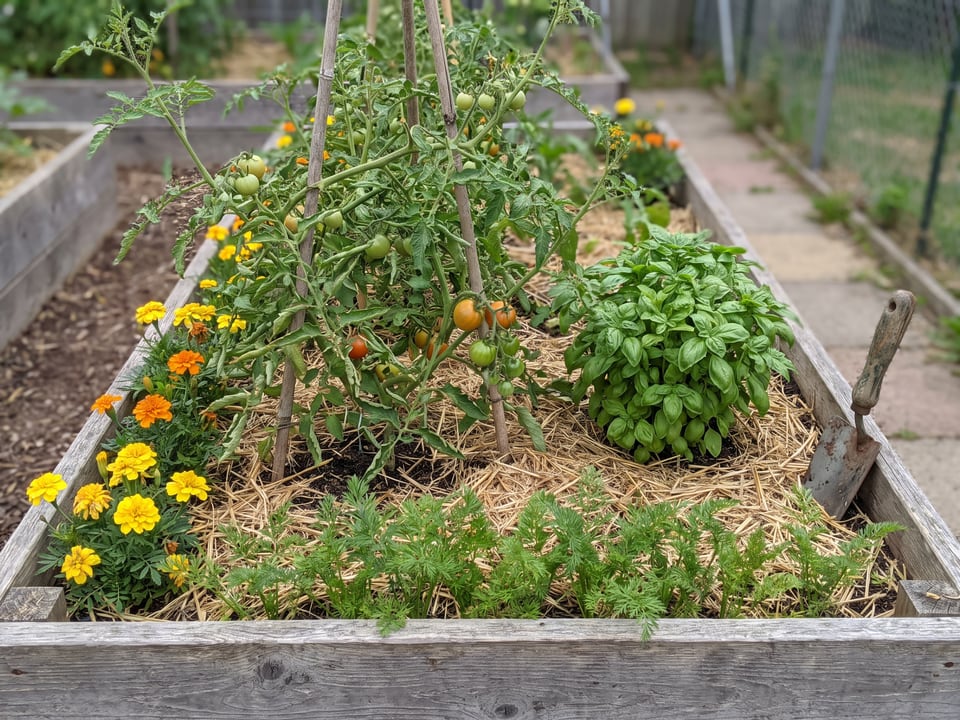 A vegetable bed with a staked tomato plant, basil at its base and marigolds along the edge