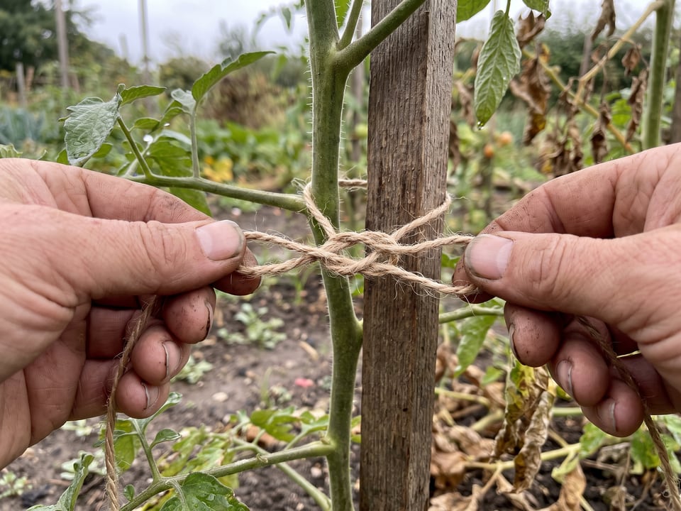 Hands tying soft twine in a figure eight between a tomato stem and a wooden stake