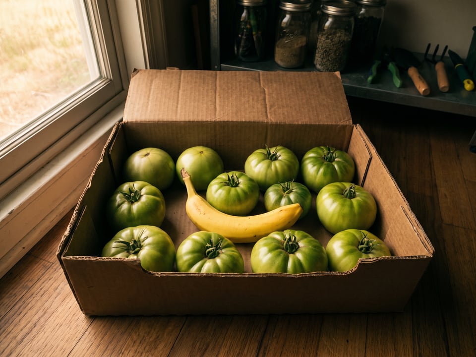 Mature green tomatoes in a single layer inside an open cardboard box with a ripe banana