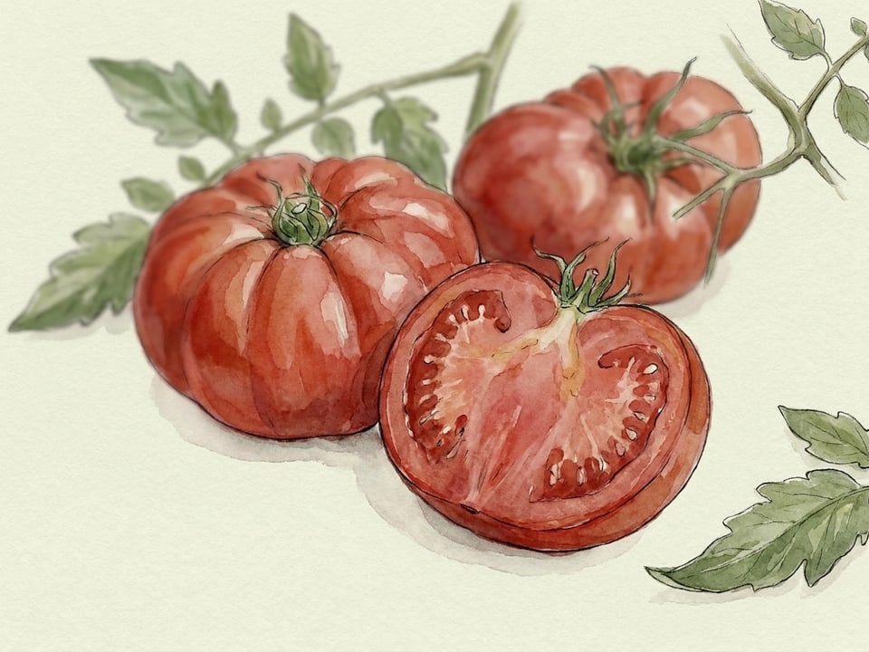 Watercolour illustration of Beefsteak tomato varieties