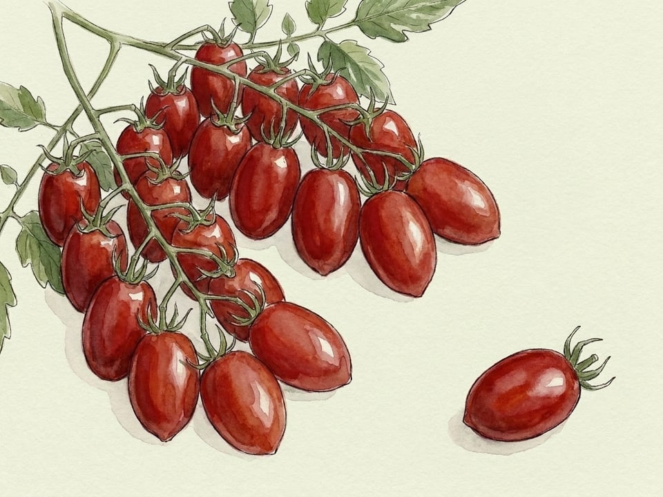 Watercolour illustration of Grape tomato varieties