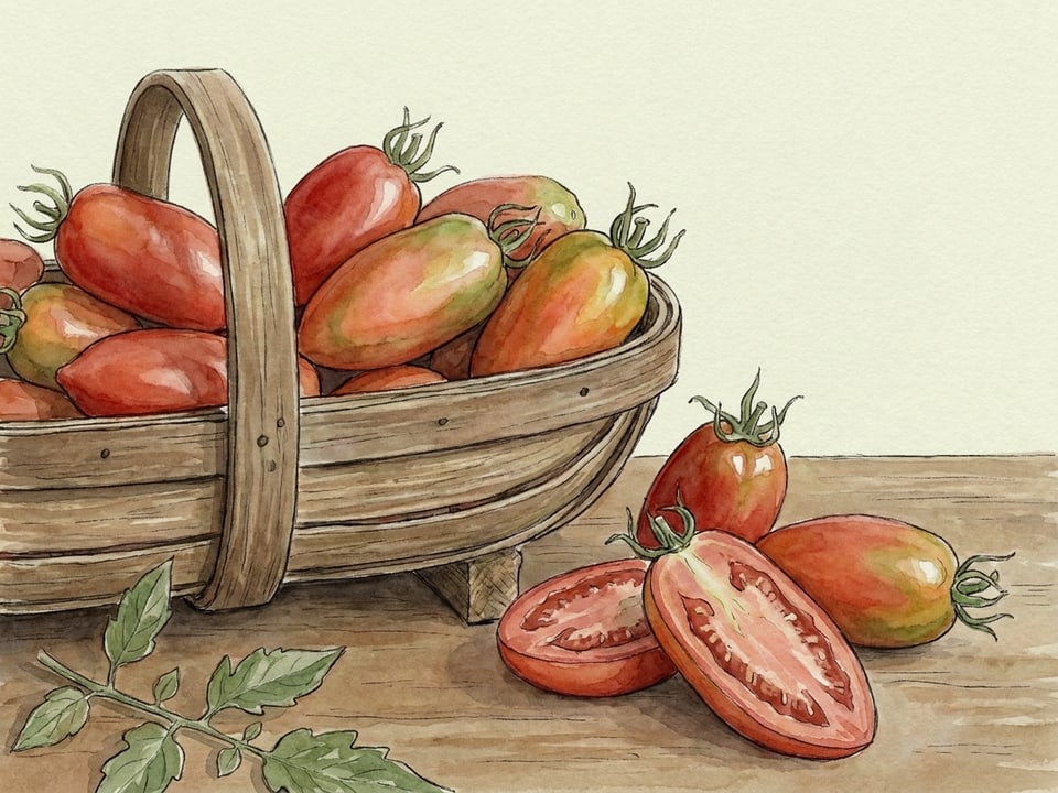 Watercolour illustration of Paste tomato varieties