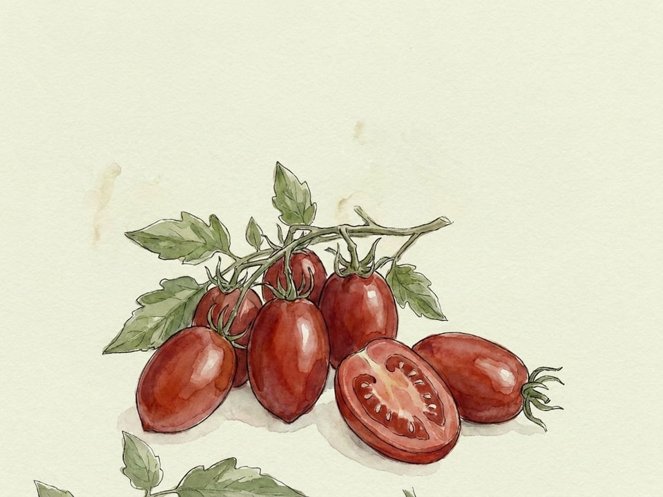 Watercolour illustration of Plum tomato varieties