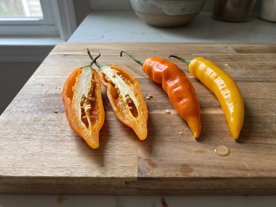 A Aji Amarillo pepper cut open lengthwise beside a whole pod, showing the wall and seed cavity
