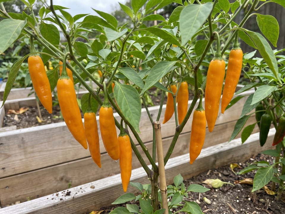Aji Amarillo pepper plant with ripe pods