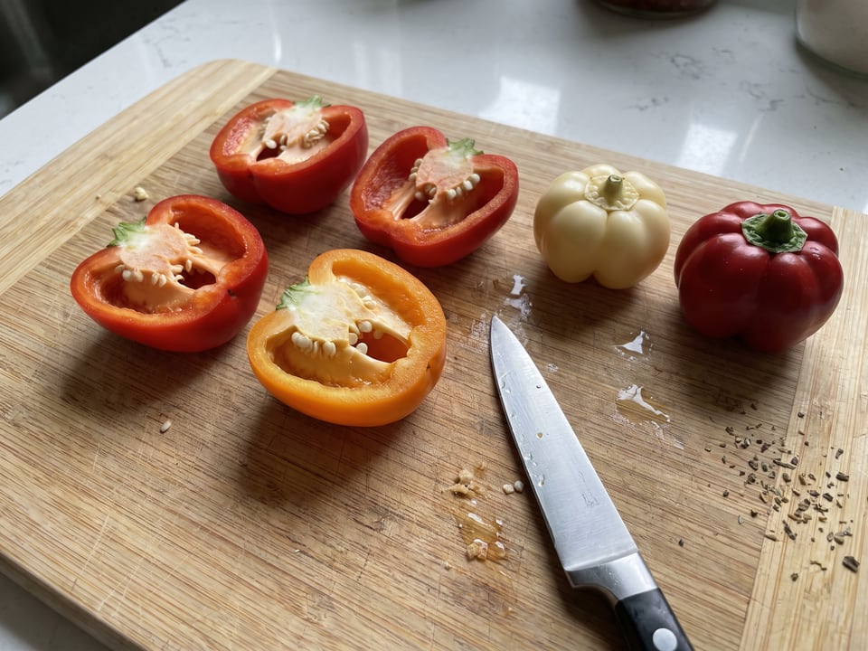 A Alma Paprika pepper cut open lengthwise beside a whole pod, showing the wall and seed cavity