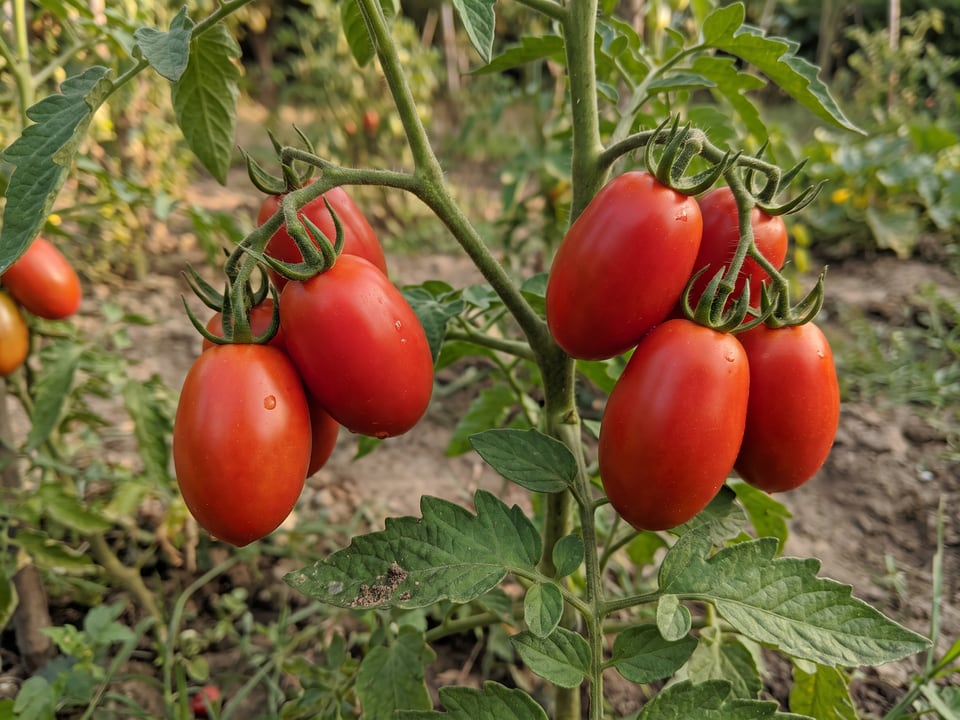 Cluster of elongated Amish Paste tomatoes on the vine