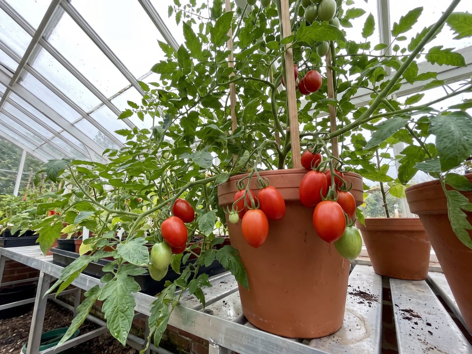 Amish Paste tomatoes ripening on the vine under cover