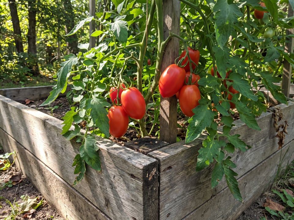 Amish Paste tomato plant in a garden bed with ripe fruit on the vine