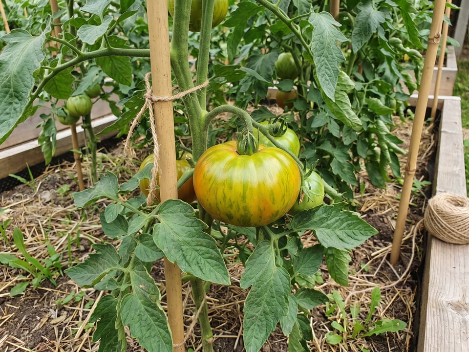 Ananas Noire tomato plant in a garden bed with ripe fruit on the vine