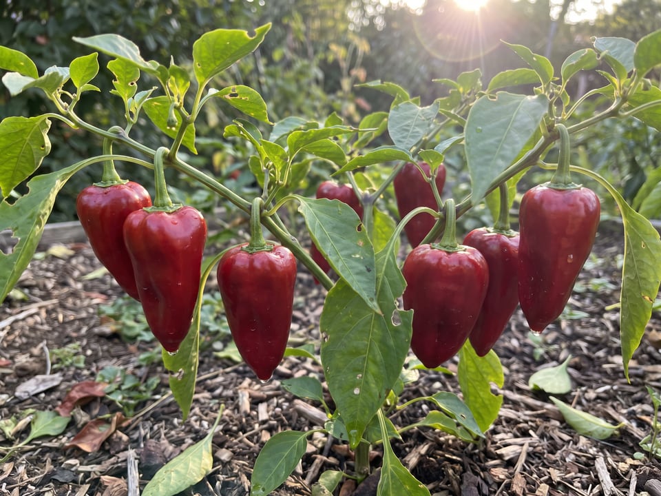 Ripe Ancho San Luis pepper pods on the plant