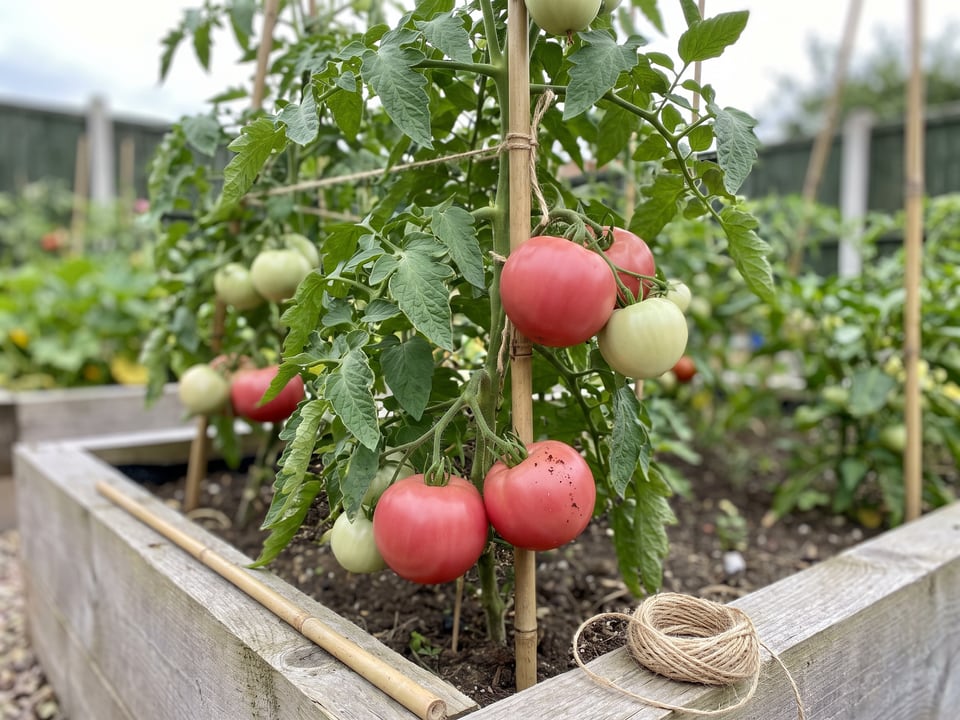 Arkansas Traveler tomato plant in a garden bed with ripe fruit on the vine