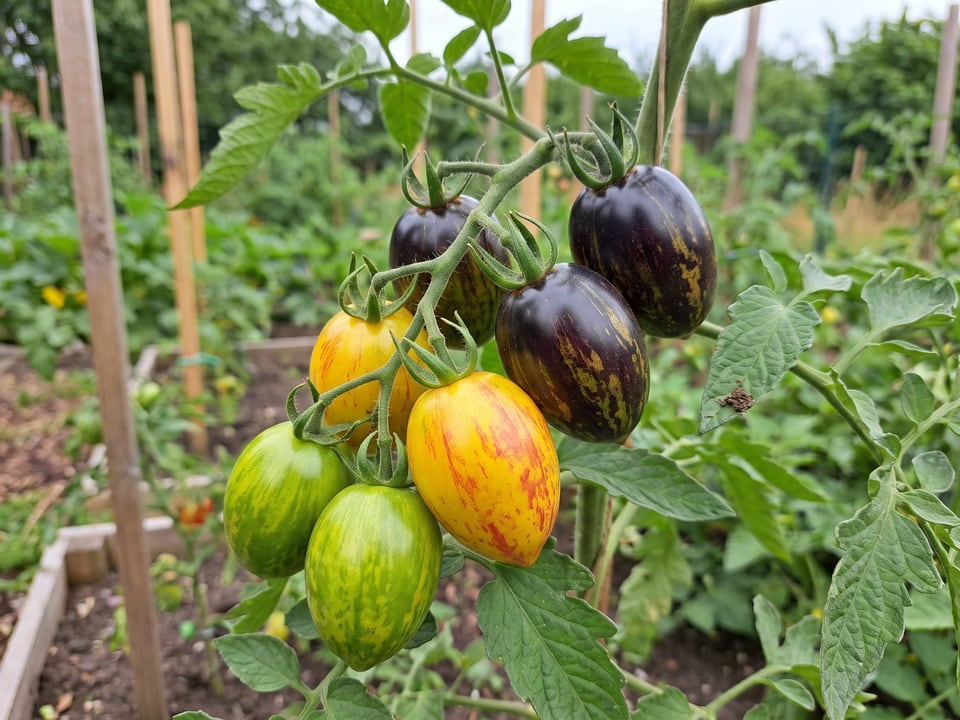 A truss of Atomic Grape tomatoes