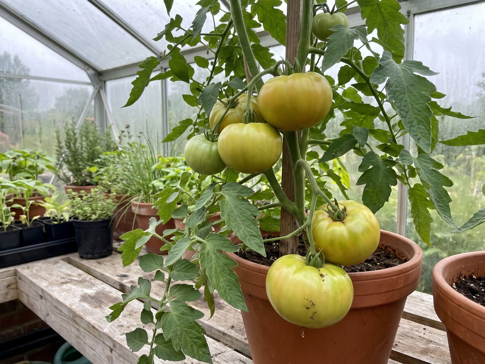 Aunt Ruby's German Green tomatoes ripening on the vine under cover