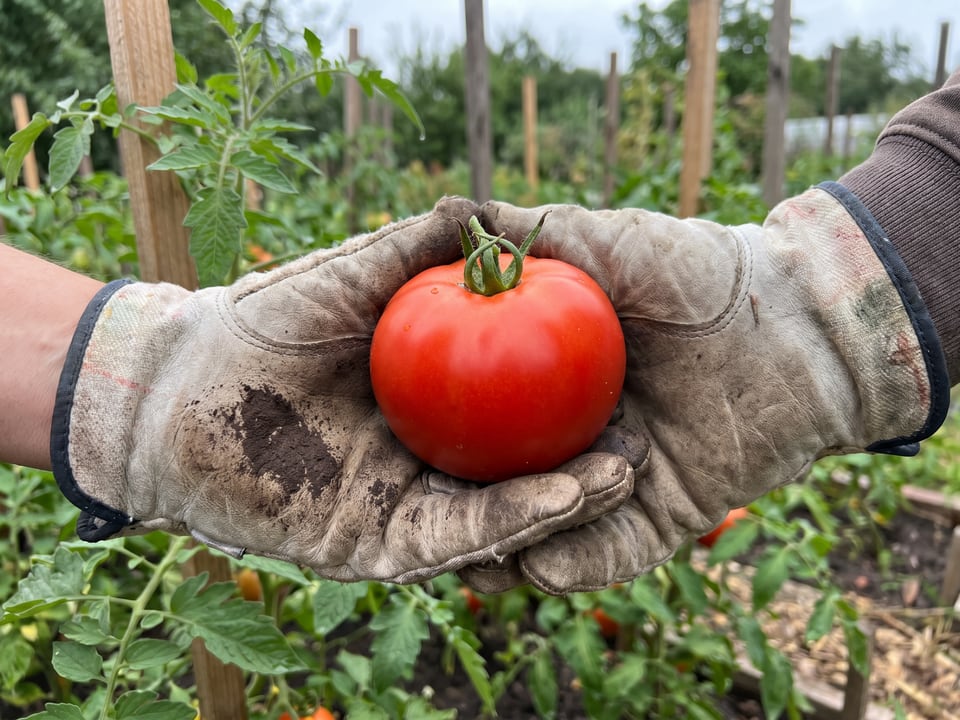 A ripe Better Boy tomato held in a gardener's hand
