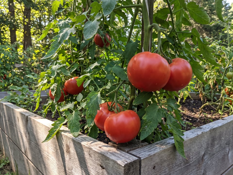 Better Boy tomato plant in a garden bed with ripe fruit on the vine