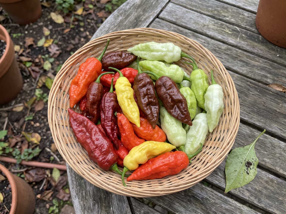 Freshly picked Bhut Jolokia peppers