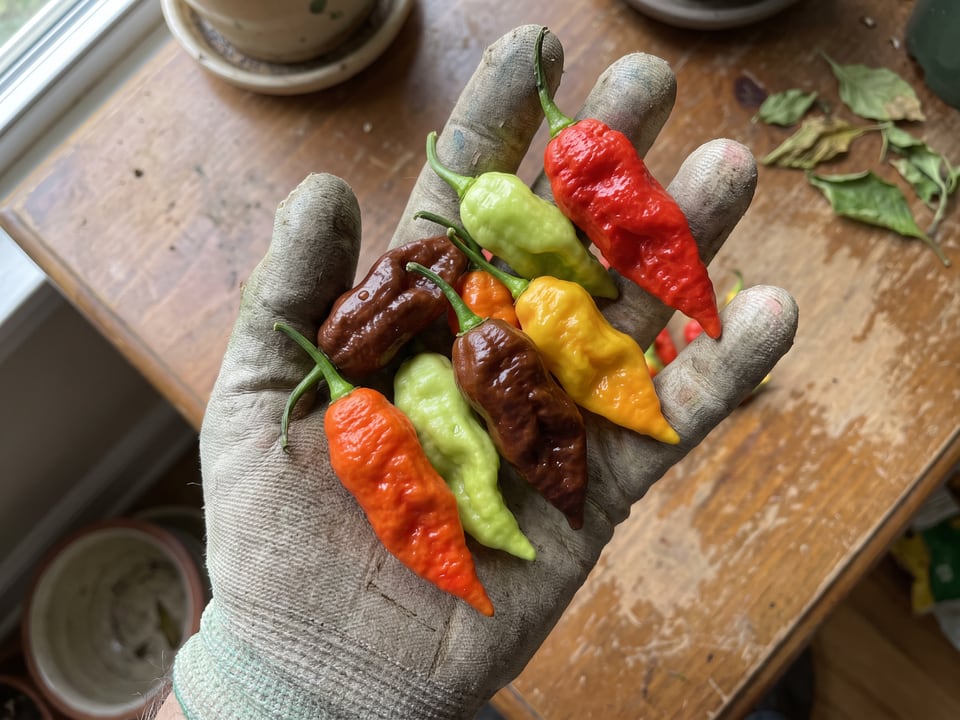 A ripe Bhut Jolokia pepper pod held in a gardener's hand