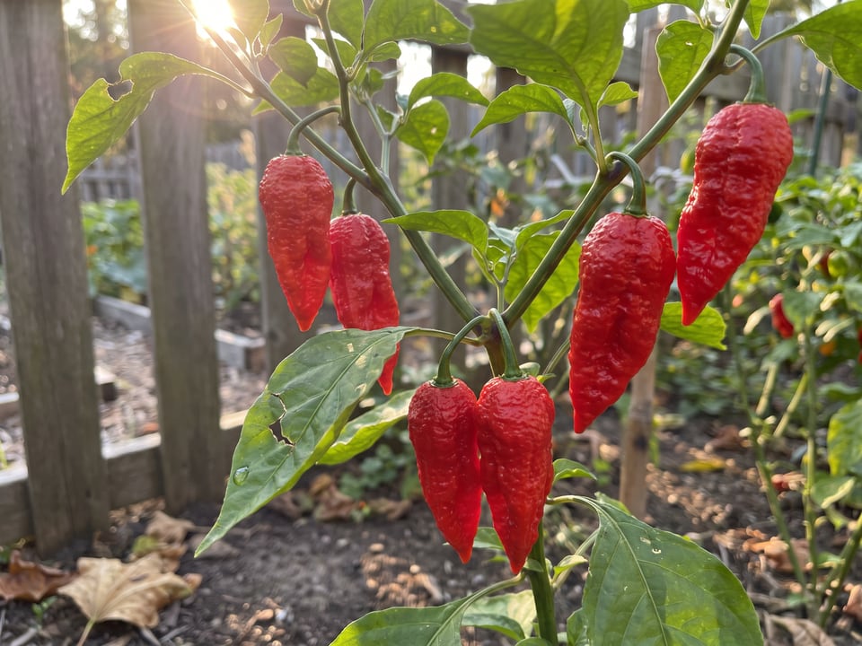 Ripe Bhut Jolokia pepper pods on the plant