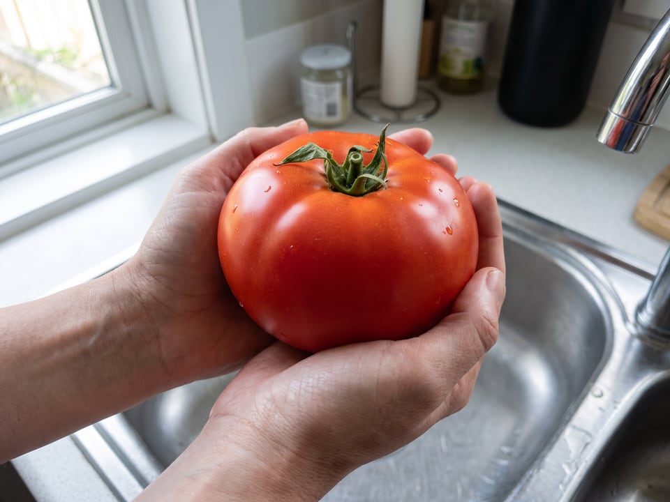 A ripe Big Beef tomato held in a gardener's hand