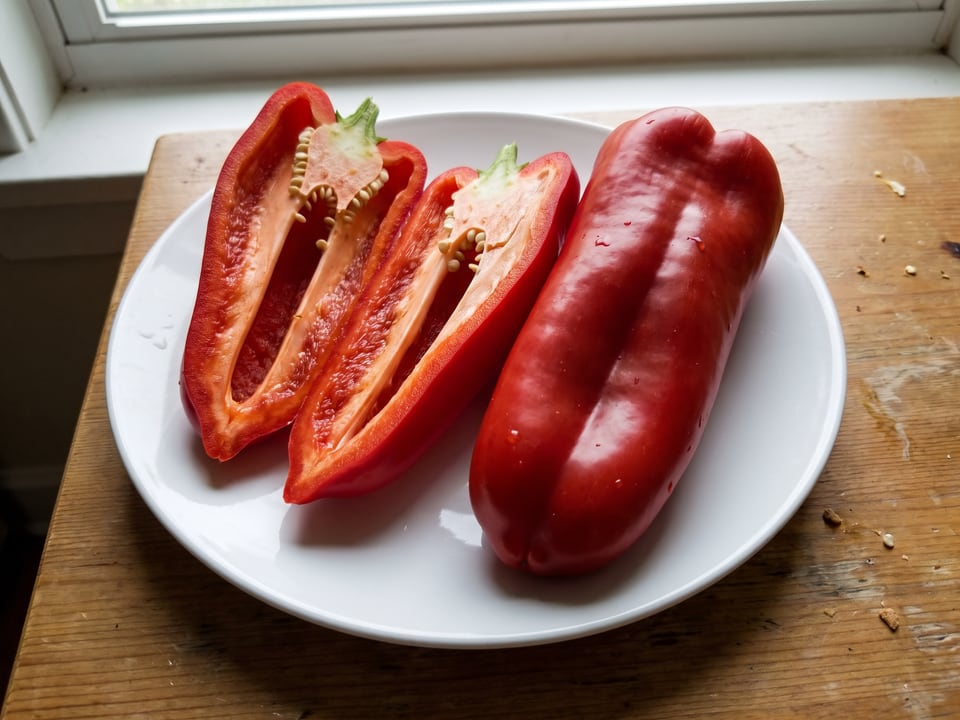 A Big Bertha pepper cut open lengthwise beside a whole pod, showing the wall and seed cavity