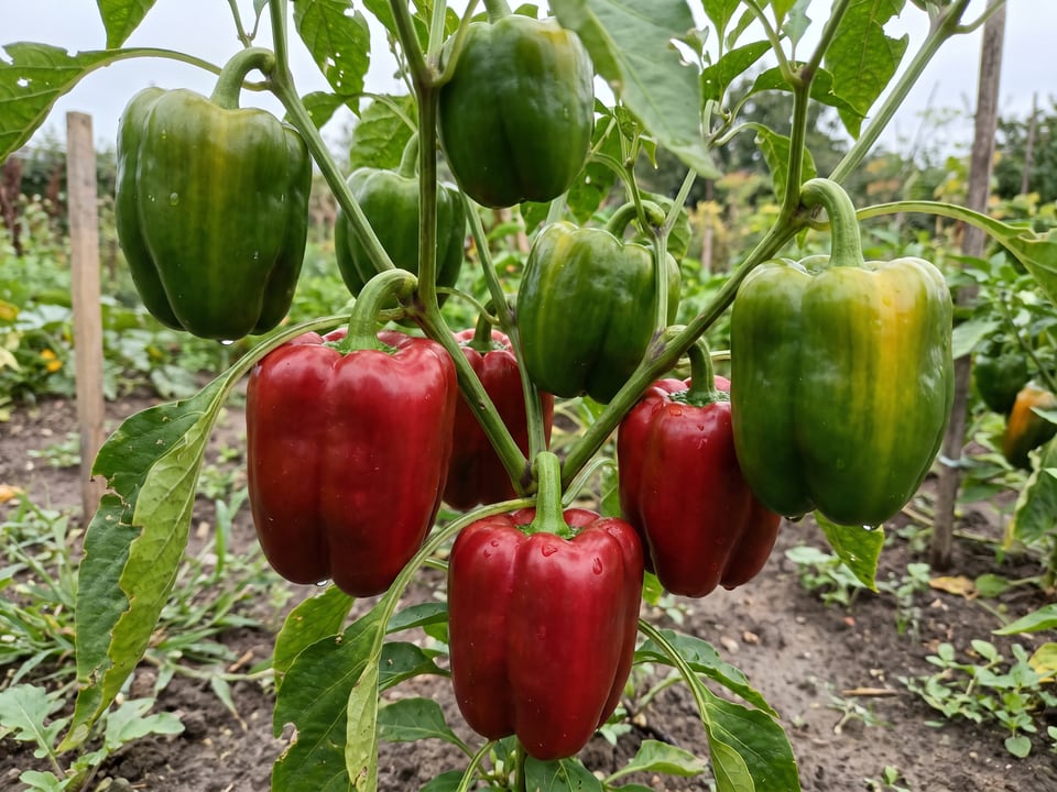 Ripe Big Bertha pepper pods on the plant