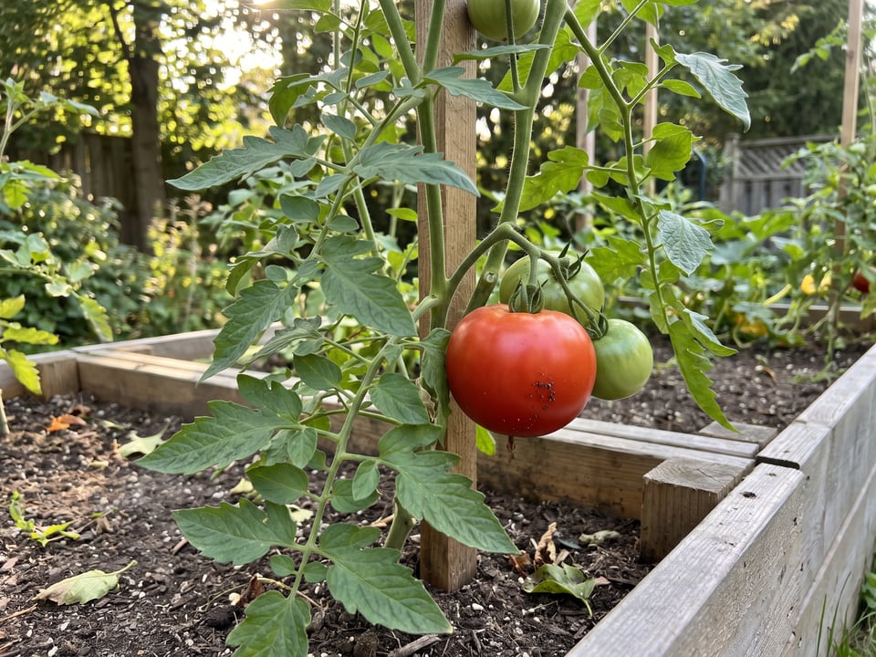 Big Boy tomato plant in a garden bed with ripe fruit on the vine