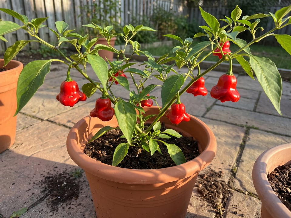 Bishop's Crown pepper plant with ripe pods