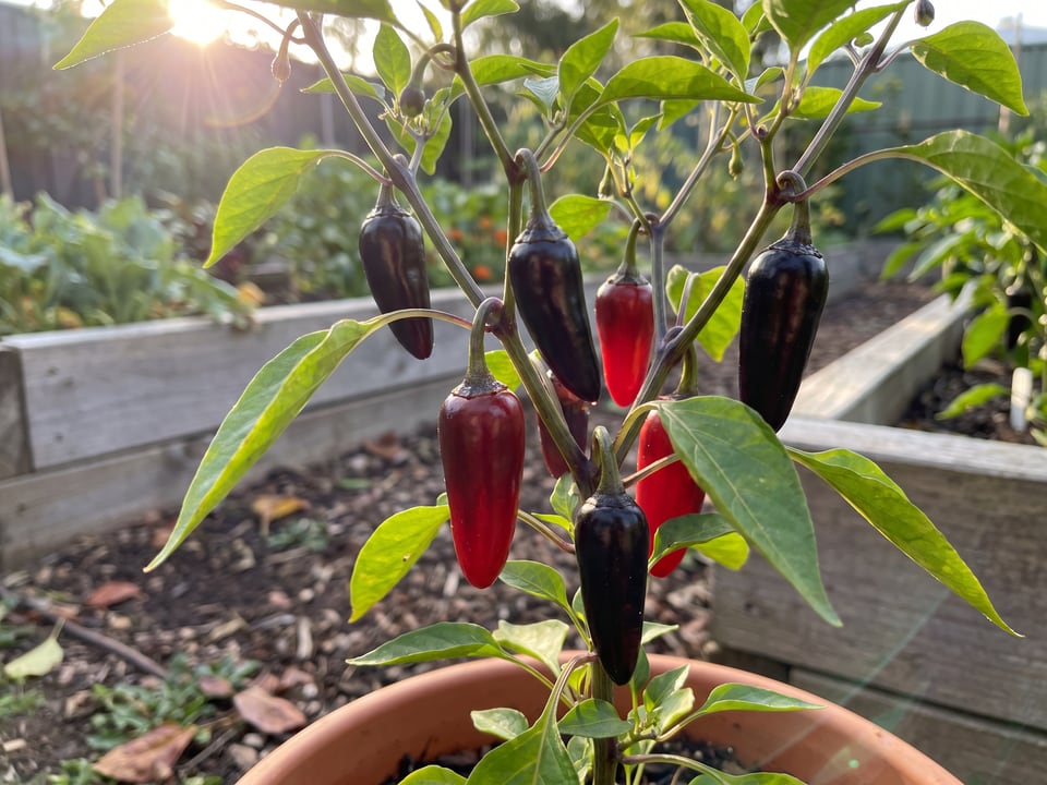 Ripe Black Hungarian pepper pods on the plant