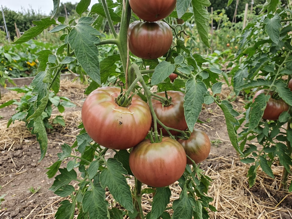 Black Krim tomato plant in a garden bed with ripe fruit on the vine
