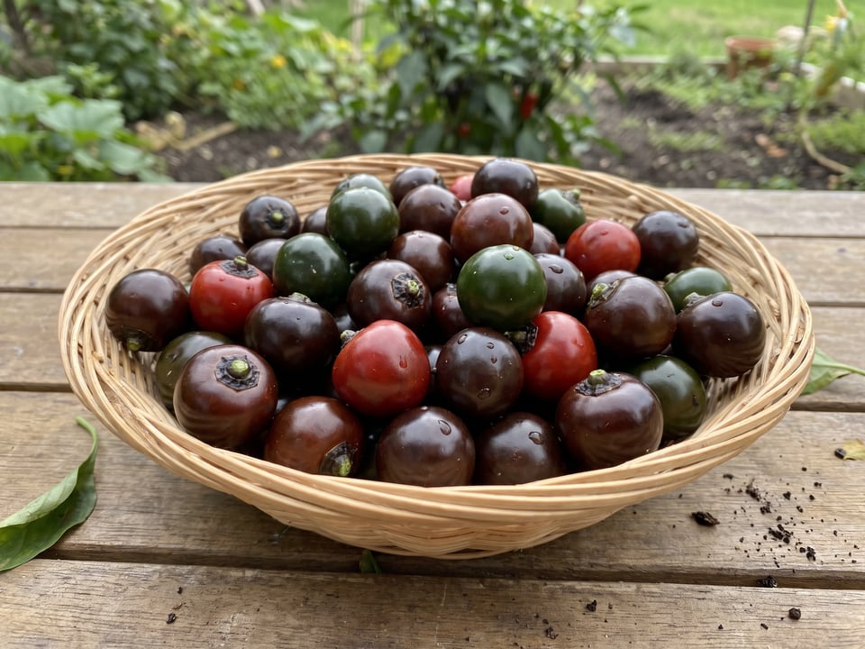 Freshly picked Black Pearl peppers