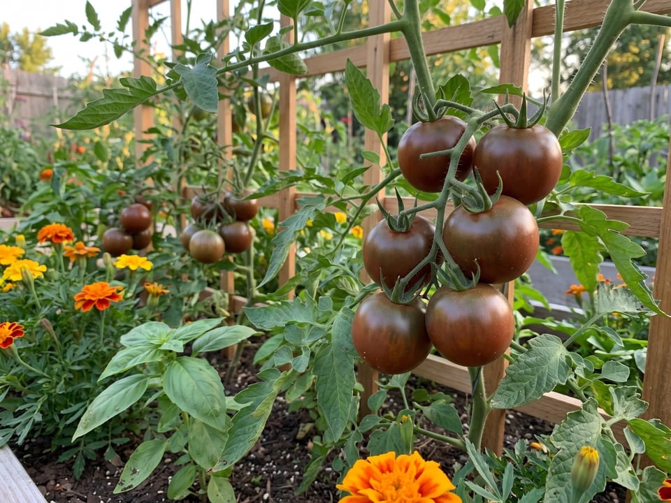 Black Prince tomato plant in a garden bed with ripe fruit on the vine