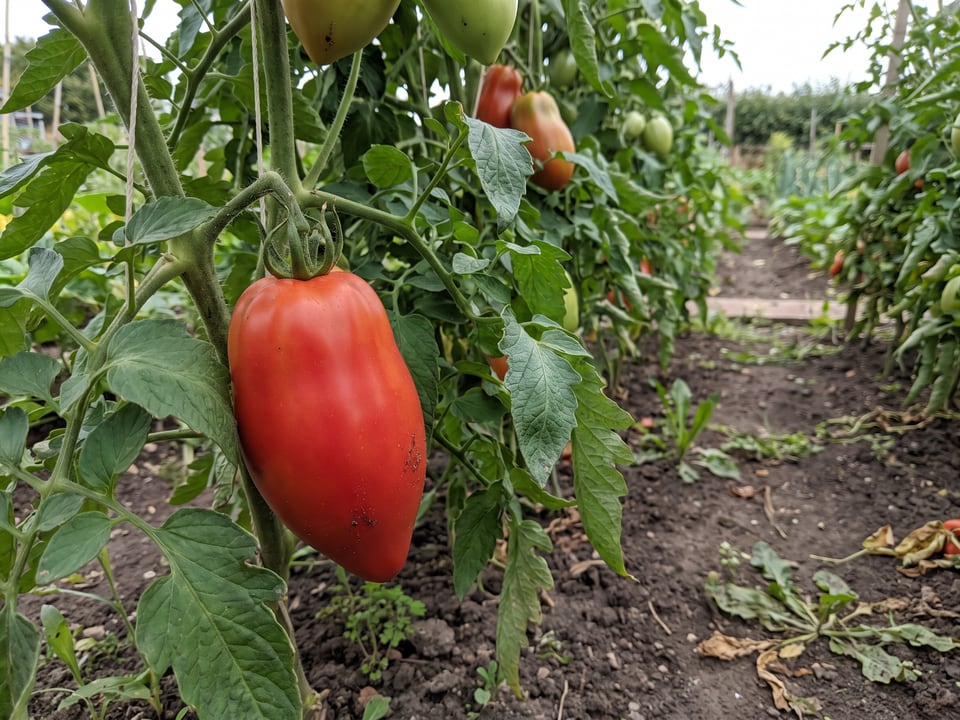 Blue Beech tomato plant in a garden bed with ripe fruit on the vine