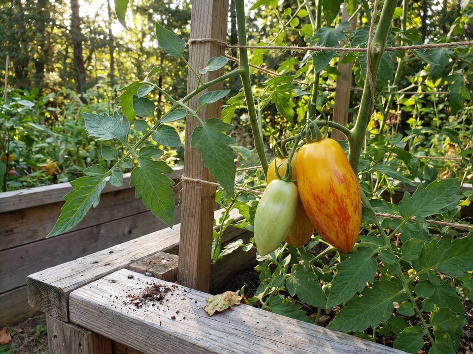 Blush tomato plant in a garden bed with ripe fruit on the vine