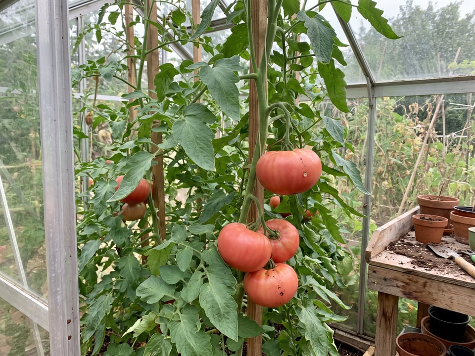 Brandywine tomatoes ripening on the vine under cover