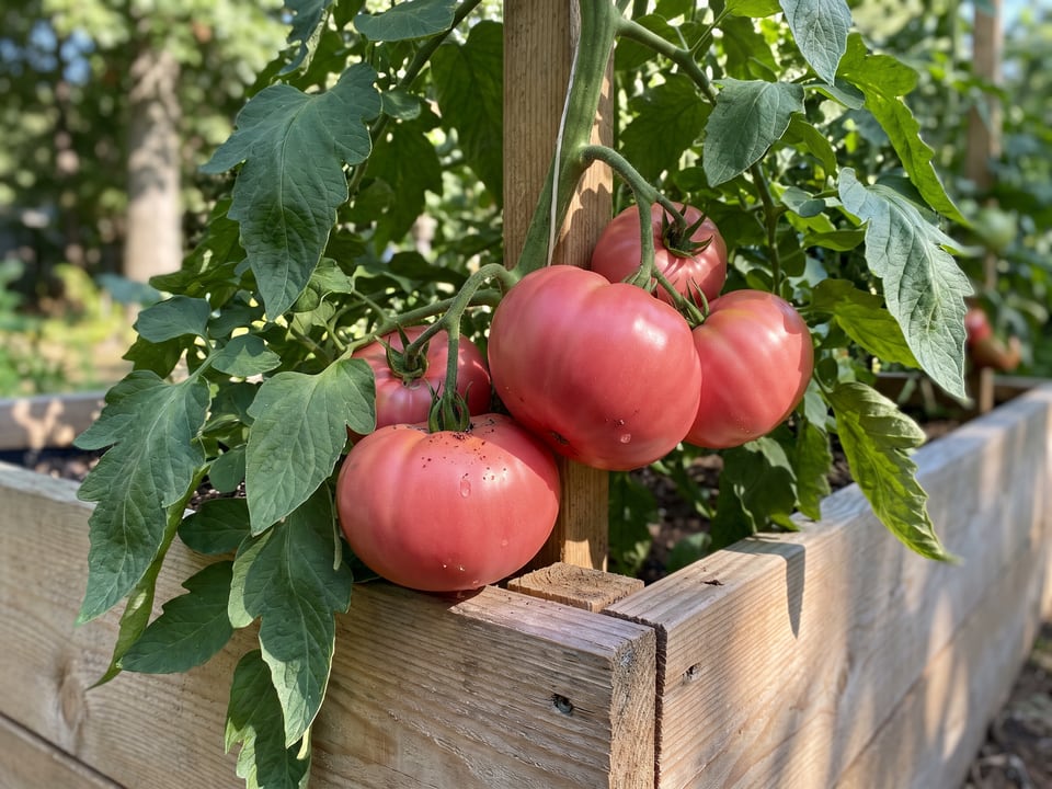 Brandywine tomato plant in a garden bed with ripe fruit on the vine