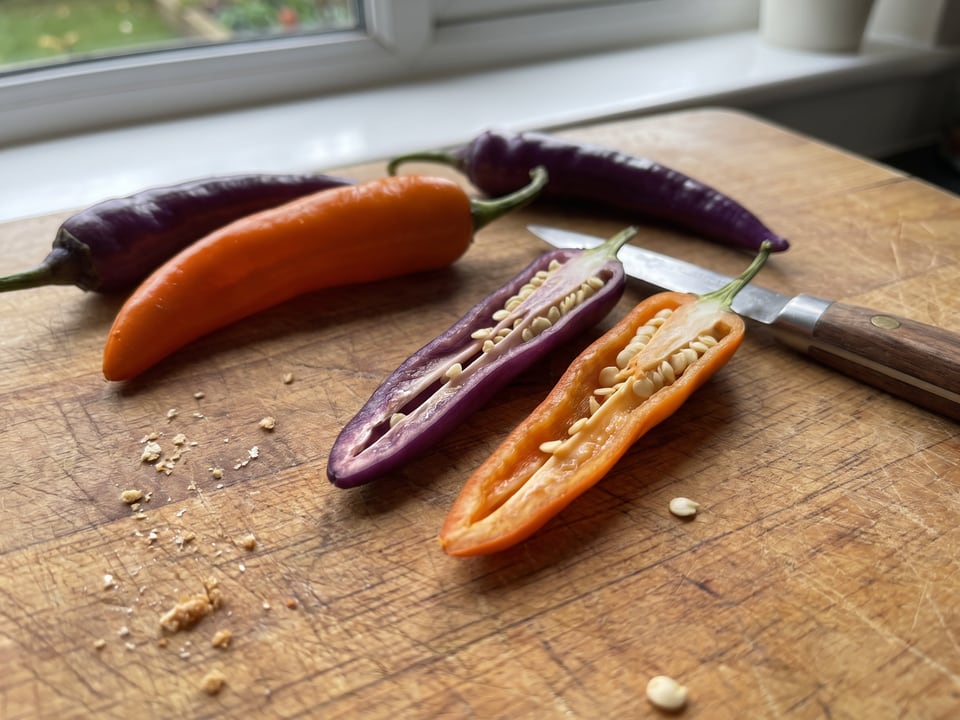 A Buena Mulata pepper cut open lengthwise beside a whole pod, showing the wall and seed cavity