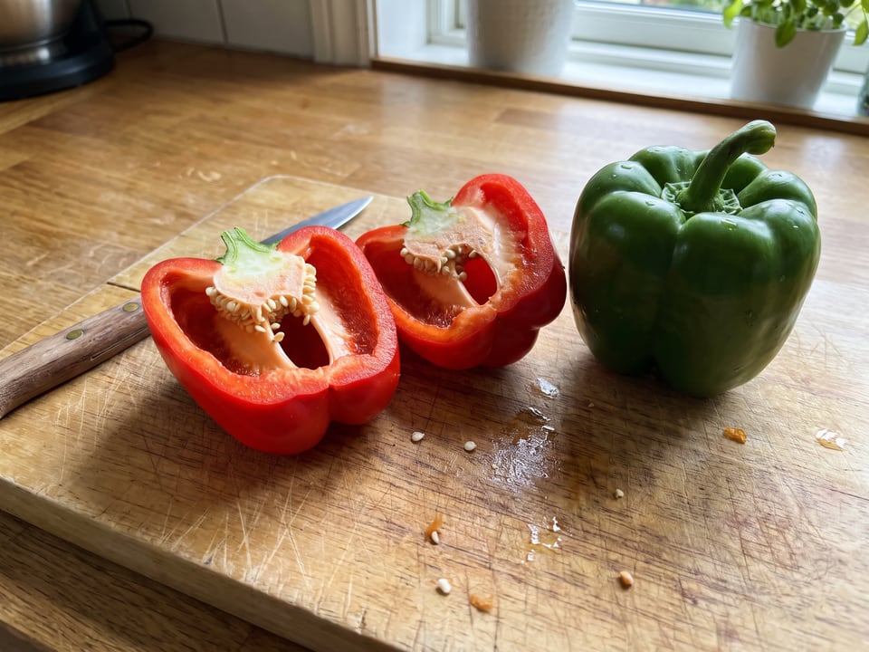 A California Wonder pepper cut open lengthwise beside a whole pod, showing the wall and seed cavity