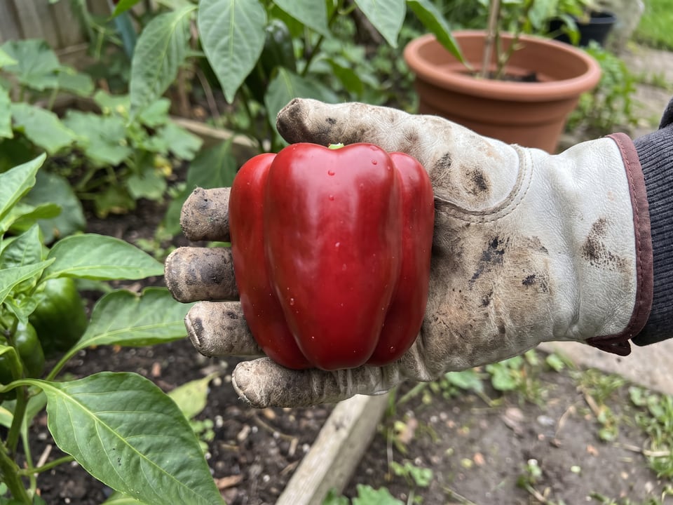 A ripe California Wonder pepper pod held in a gardener's hand