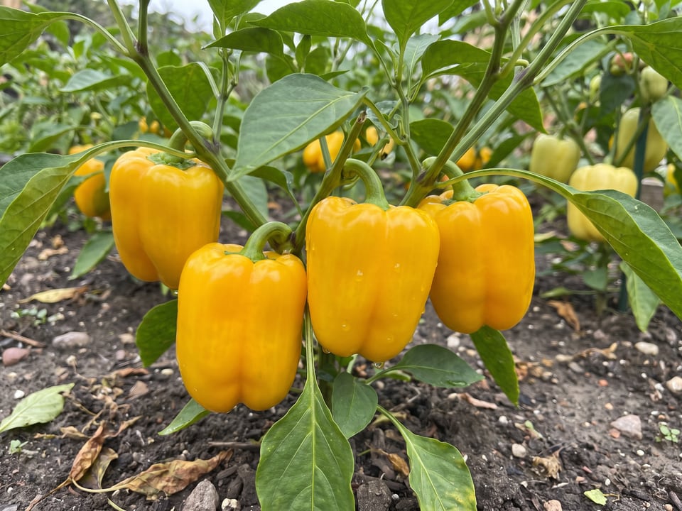 Ripe Canary Bell pepper pods on the plant