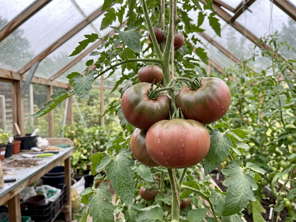 Carbon tomatoes ripening on the vine under cover