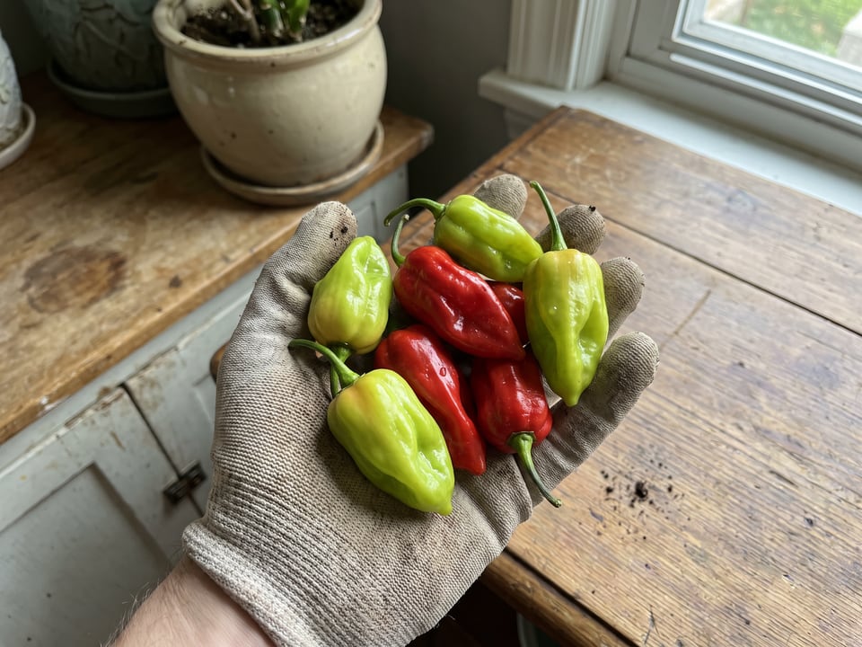 A ripe Caribbean Red pepper pod held in a gardener's hand